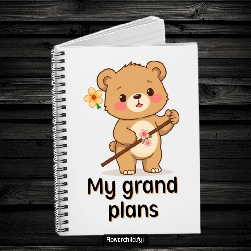 Funny notebook cover with a proud bear cub holding a flower-decorated walking stick, perfect for jotting down adventure ideas.