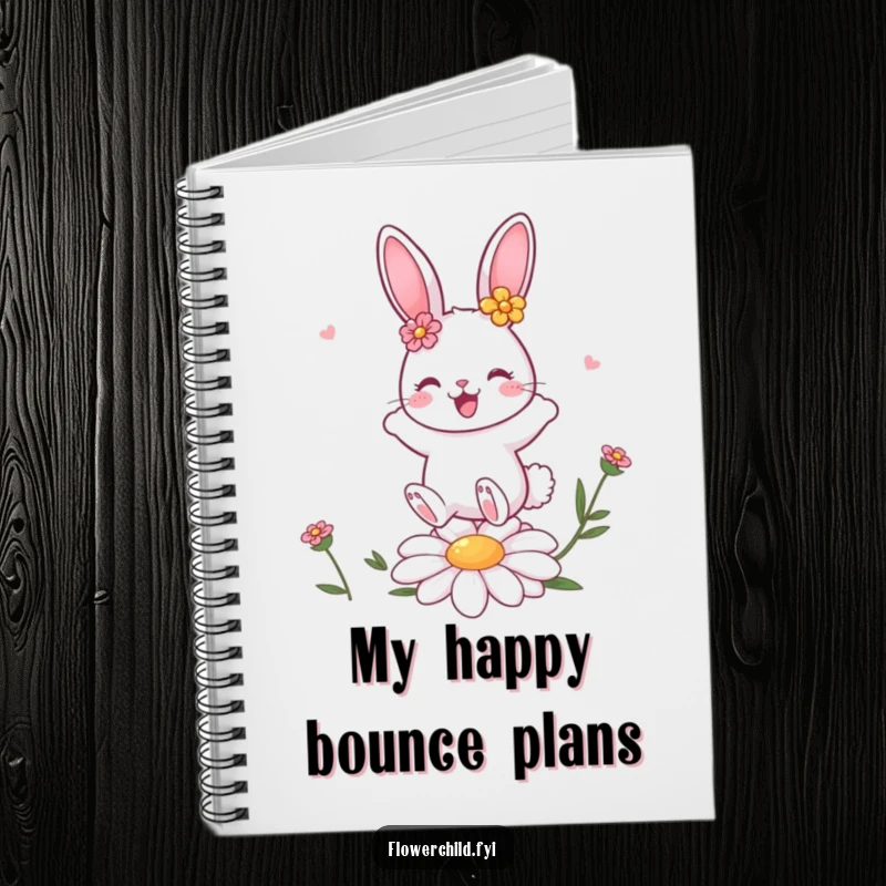 Funny cute bunny character with flower decorations joyfully bouncing on a daisy, perfect for notes and journaling.