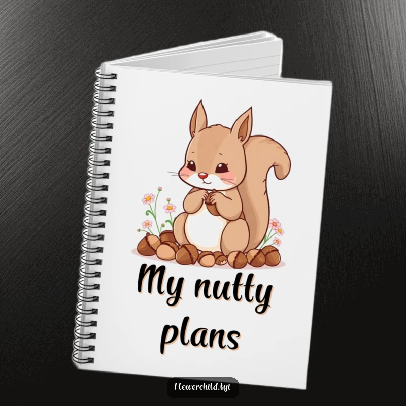 Funny notebook with a content squirrel hoarding acorns and tiny flowers, ideal for planning and notes.