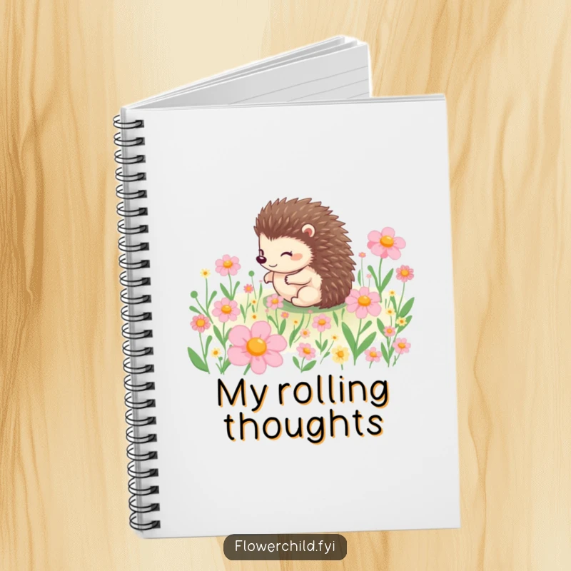 Funny notebook cover showing a cheerful hedgehog character rolling through a field of flowers, perfect for capturing notes and inspiration.