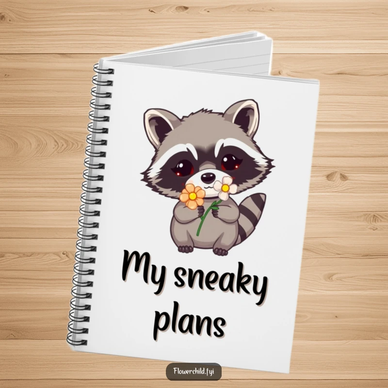 Funny raccoon flower notebook featuring a peeking raccoon with a floral mask, perfect for jotting down sneaky thoughts and funny notes.