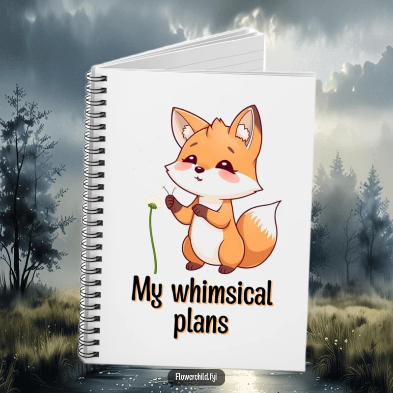 Funny Notebook with a playful fox character smiling, blowing dandelion seeds into the wind, for journaling.