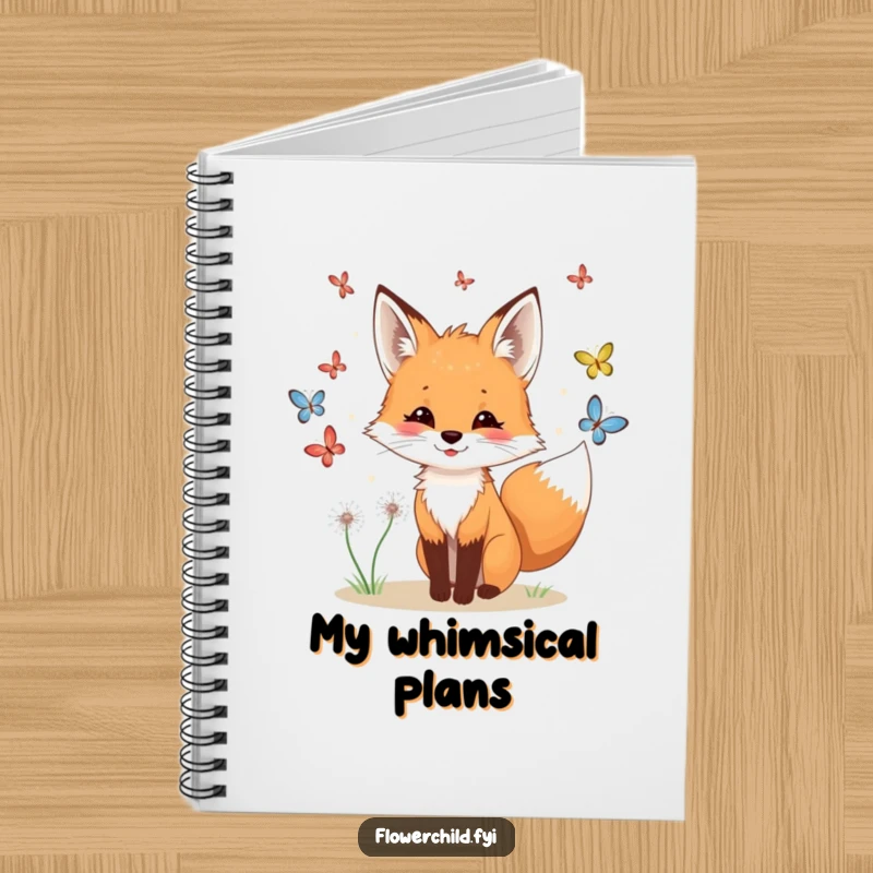 Funny fox meadow notebook, a playful fox with dandelions in its fur chasing butterflies.