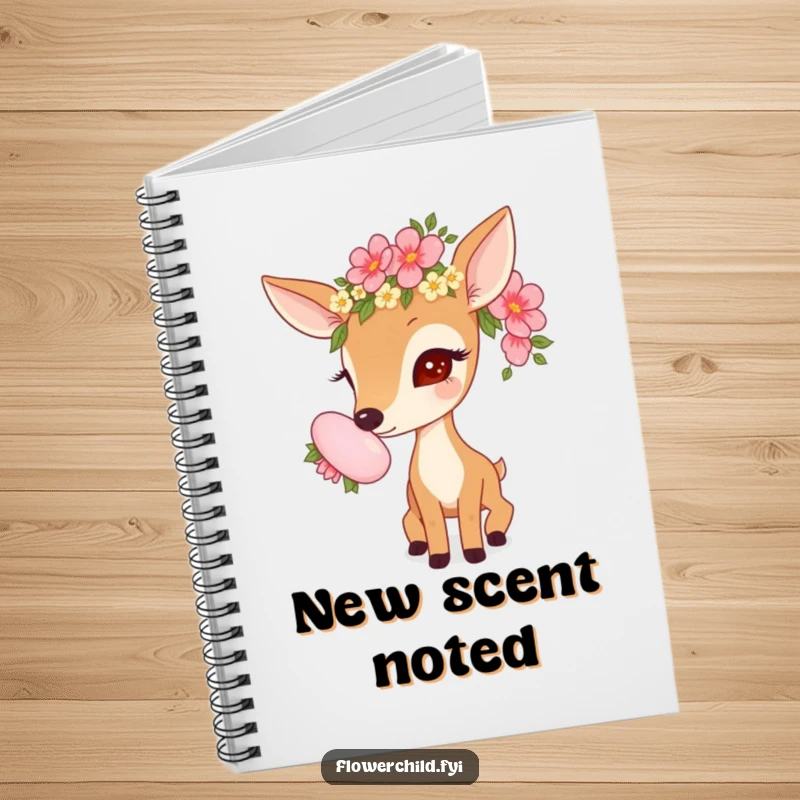 Funny notebook cover featuring a curious deer with a flower garland, sniffing a large bloom, inspiring creativity.