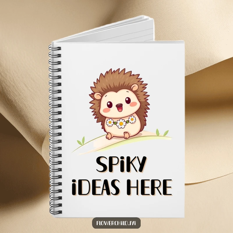 Funny notebook cover featuring a happy hedgehog with a daisy chain, rolling down a gentle slope, inspiring creativity.