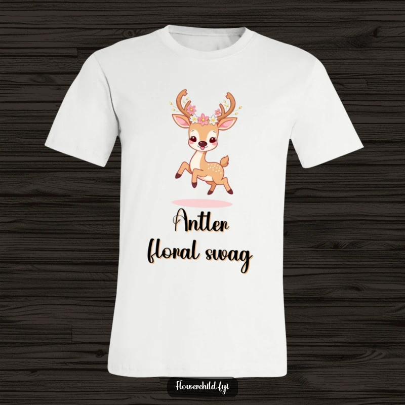 Funny deer t-shirt featuring a deer with floral antlers prancing happily, radiating a sense of joy and lighthearted humor.