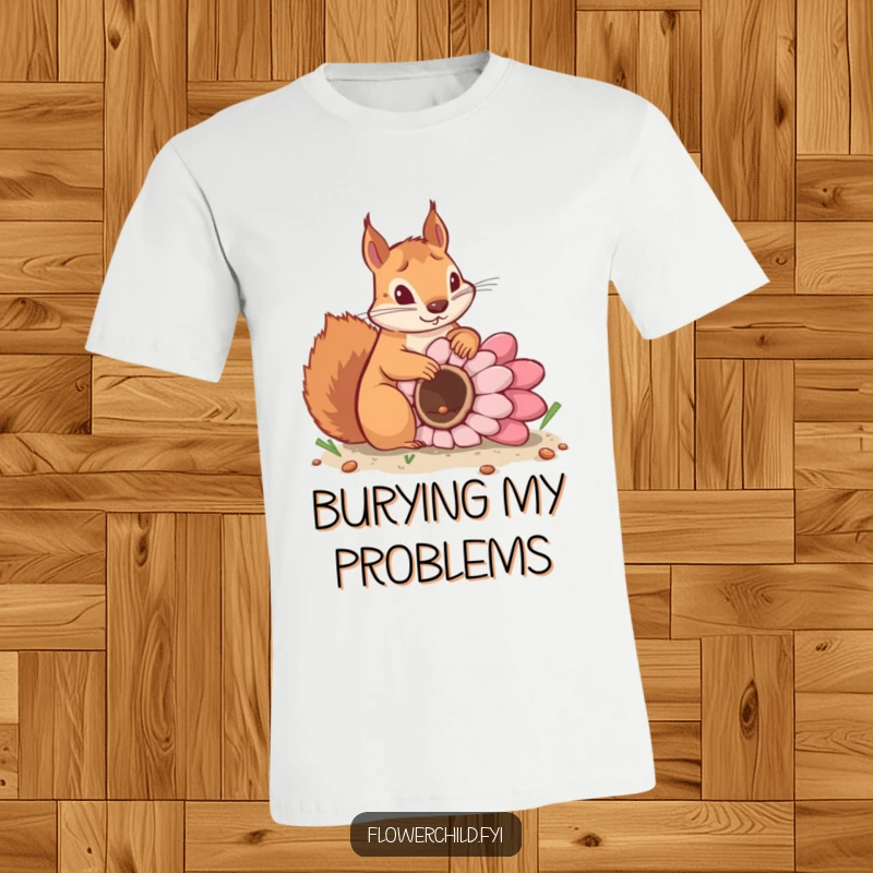Funny t-shirt featuring a determined squirrel diligently burying a giant flower seed, representing growth and effort.