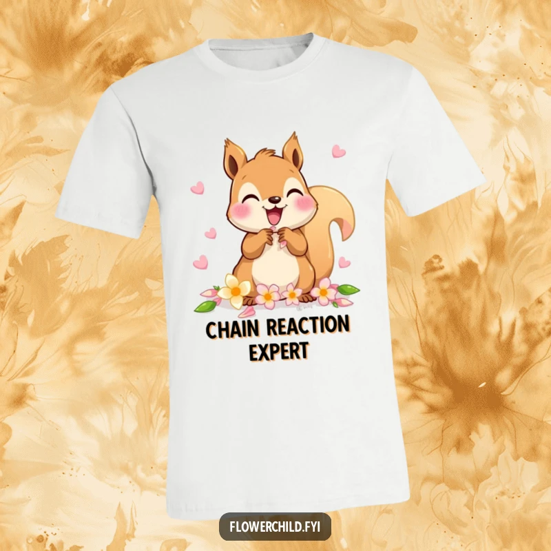 Funny t-shirt displaying a delighted squirrel character gathering flower petals to create a chain.