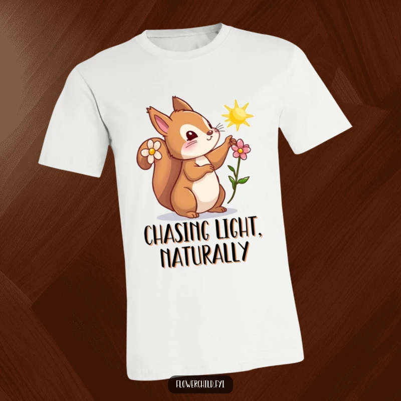 Funny squirrel t-shirt, a curious squirrel with a flower behind its ear, reaching playfully for a magical sunbeam, woodland wonder.