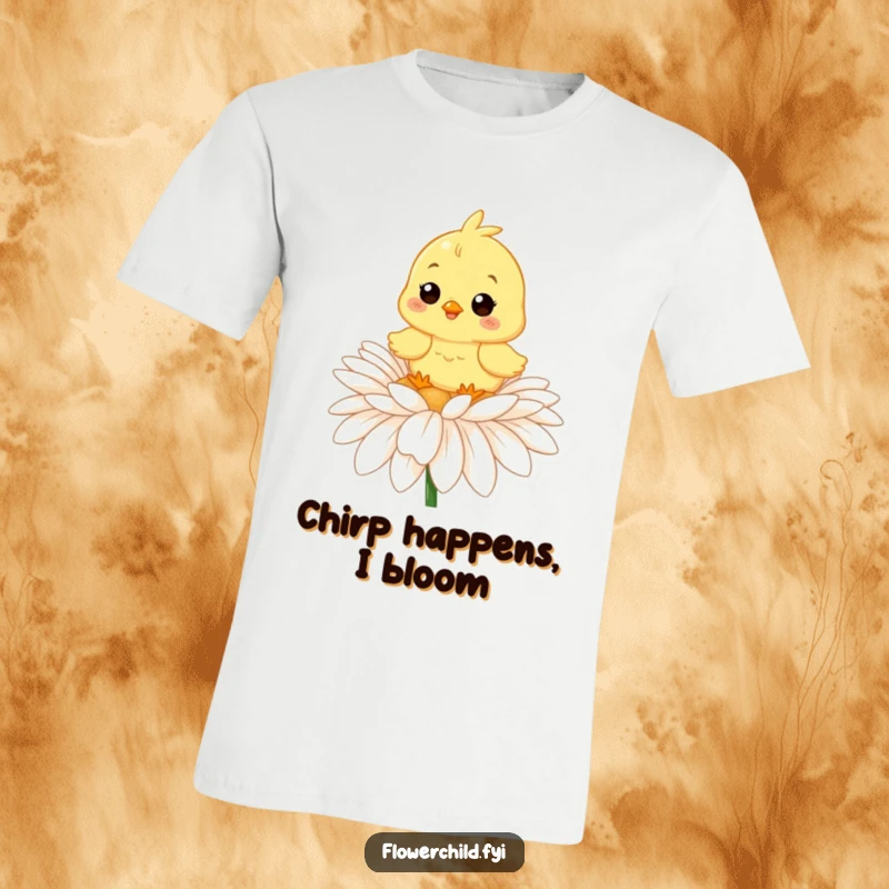 Funny t-shirt with a beaming chick perched atop a vibrant daisy, symbolizing happiness and springtime.