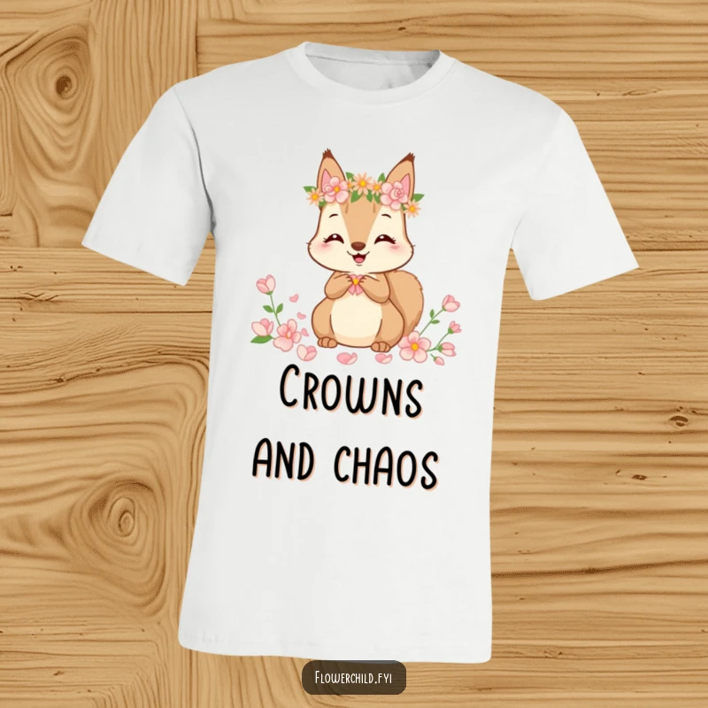 Funny T-Shirt showcasing a cute squirrel wearing a flower crown, happily gathering petals, looking cheerful and ready for spring.