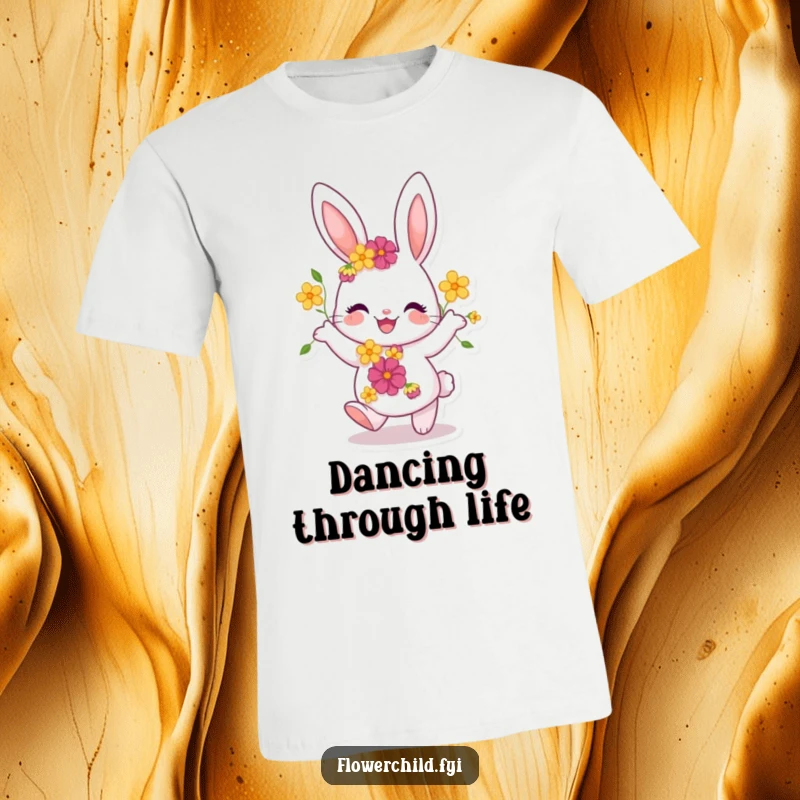 Funny Bunny T-Shirt: A joyful bunny with flowers woven into its fur is captured mid-dance, full of life and whimsical happiness.