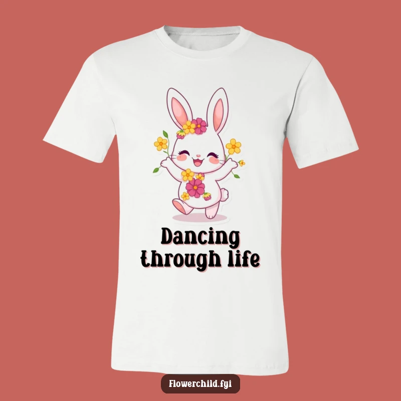 Funny Joyful Bunny Dancing T-Shirt: Whimsical Floral Character Apparel