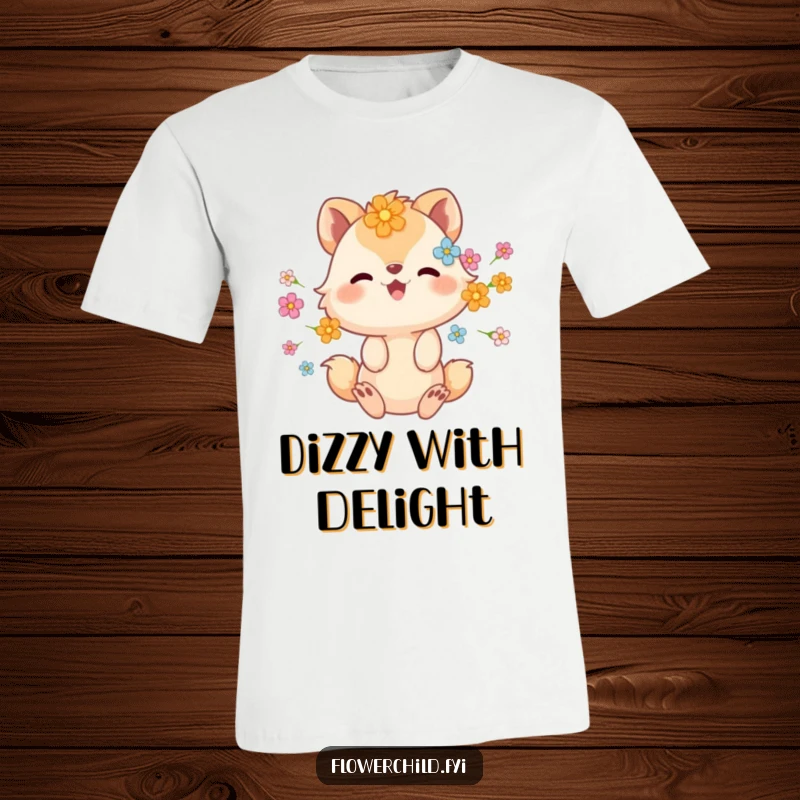 Funny t-shirt with an animal character covered in flowers, spinning around with sheer glee and happiness.