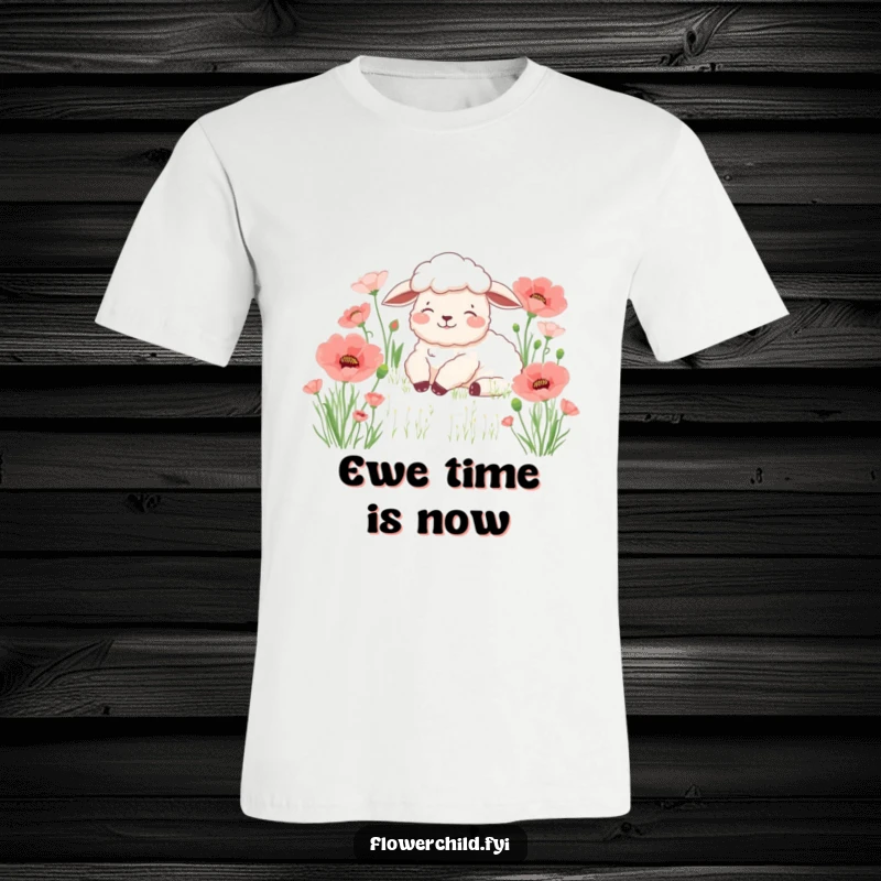 Funny sheep poppy t-shirt, a calm sheep resting peacefully in a colorful field of poppies, representing tranquility and humor.