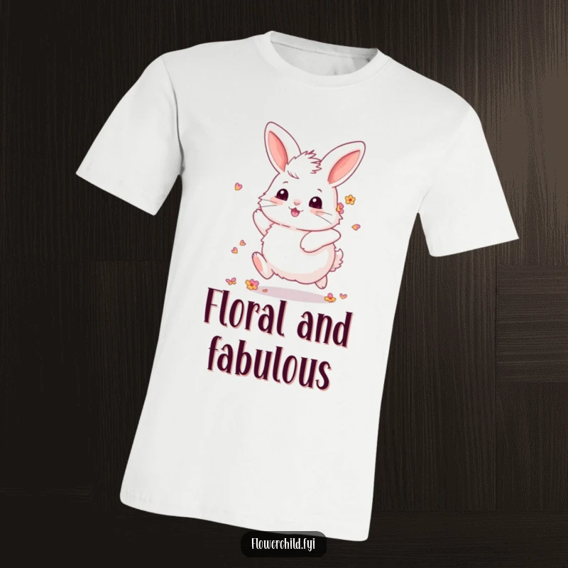 Funny Fluffy Bunny T-Shirt: A depiction of a fluffy bunny with petals in its fur joyfully skipping along. Sweet and funny.