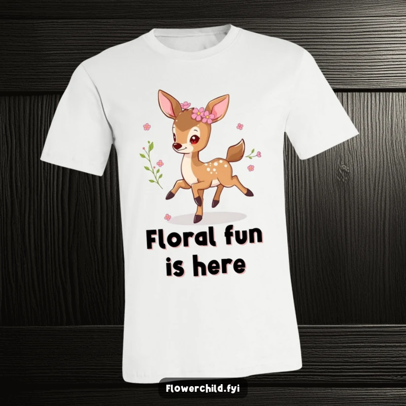 Funny prancing deer t-shirt, a small, happy deer with flowers in its fur, joyfully leaping through a meadow.