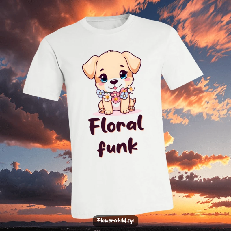 Funny puppy t-shirt, a cute and mischievous puppy wearing a colorful flower garland as a scarf, expressing playful charm.