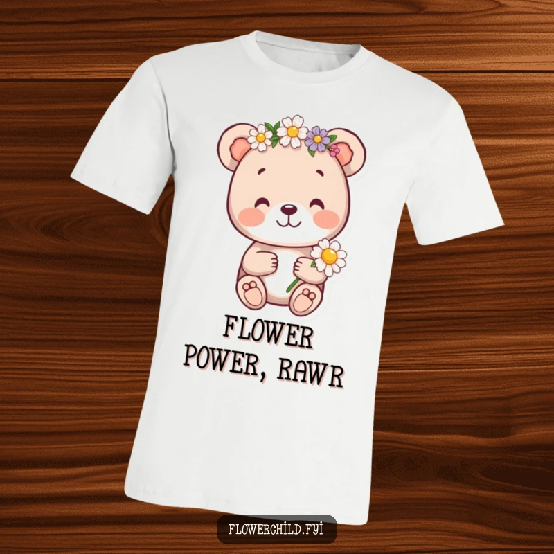 Funny bear cub t-shirt, a cheerful cub wearing a flower crown and holding a daisy, radiating pure joy and innocence.
