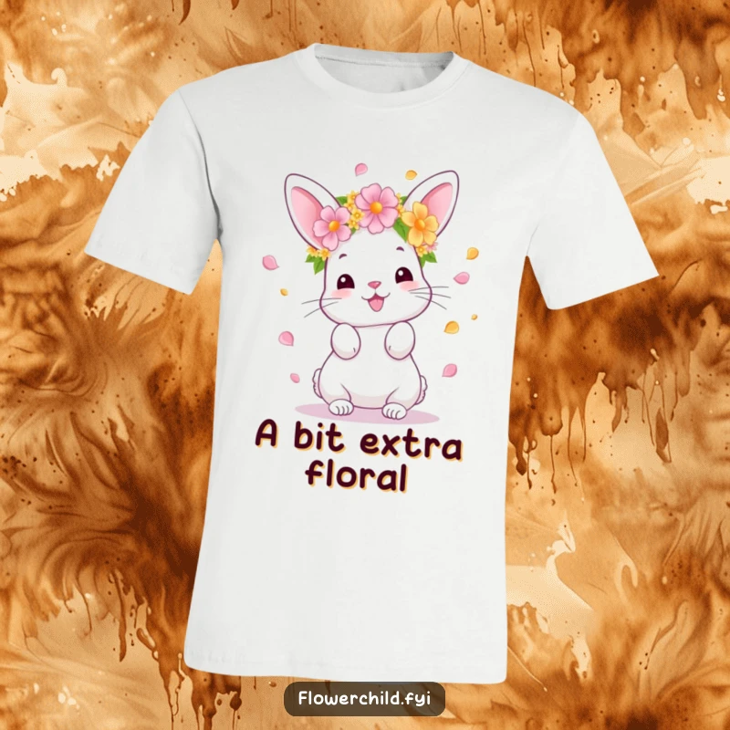 Funny Bunny T-Shirt, a cute bunny with a flower crown joyfully tossing petals, celebrating nature and happiness, ideal funny gift.