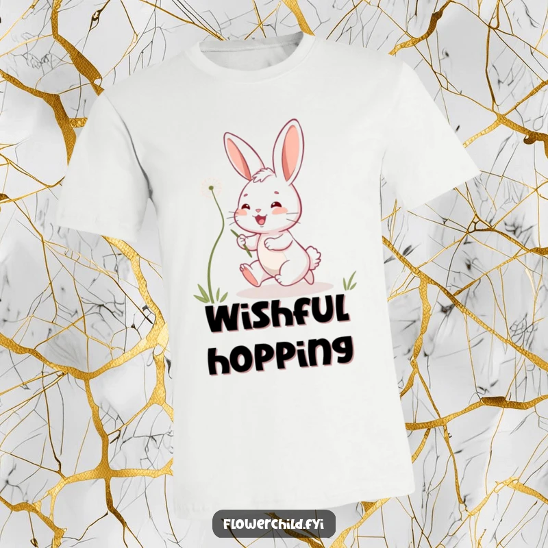 Funny bunny t-shirt depicts a happy bunny energetically leaping after a floating dandelion seed, capturing pure, playful joy and movement.