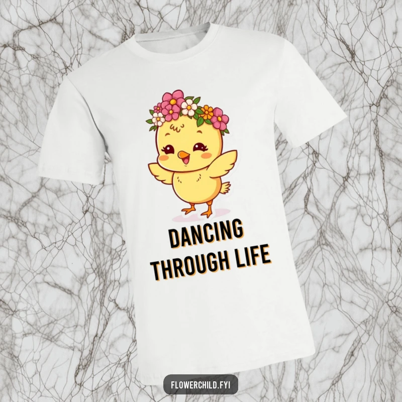 Funny t-shirt with a happy chick in a flower crown, energetically dancing and spreading joy.