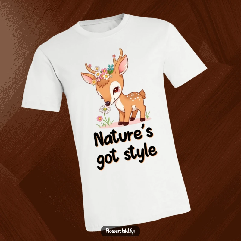 Funny curious deer t-shirt, with flowers in its antlers, sniffing a daisy, conveying gentle curiosity, perfect funny gift.
