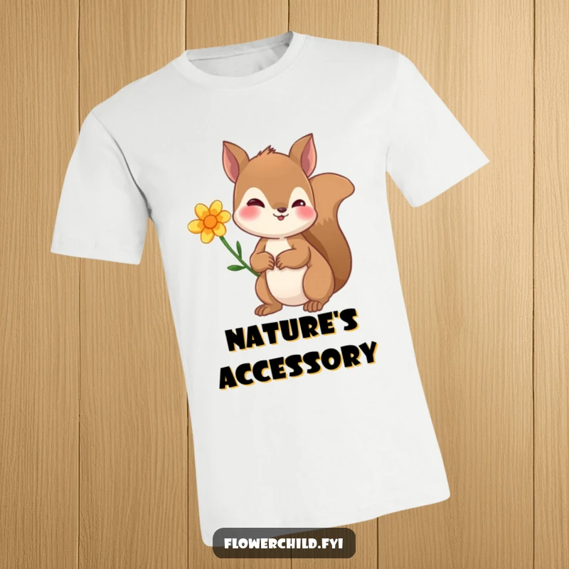 Funny curious squirrel t-shirt with a delicate flower tucked behind its ear, exuding charm and woodland whimsy.