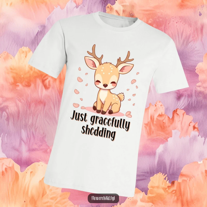 Funny t-shirt featuring a tranquil deer with soft flower petals drifting around it, promoting a sense of peace.