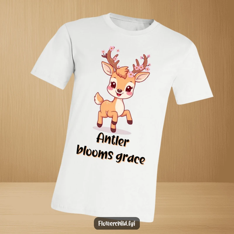 A smiling deer character with delicate blossoms adorning its antlers, prancing playfully on a soft graphic t-shirt.