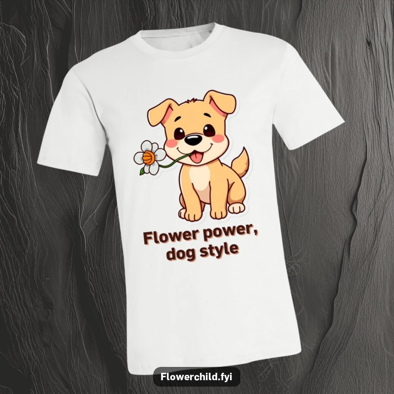 Funny Dog Flower T-Shirt: A delightful t-shirt with a happy dog holding a flower, tail wagging.