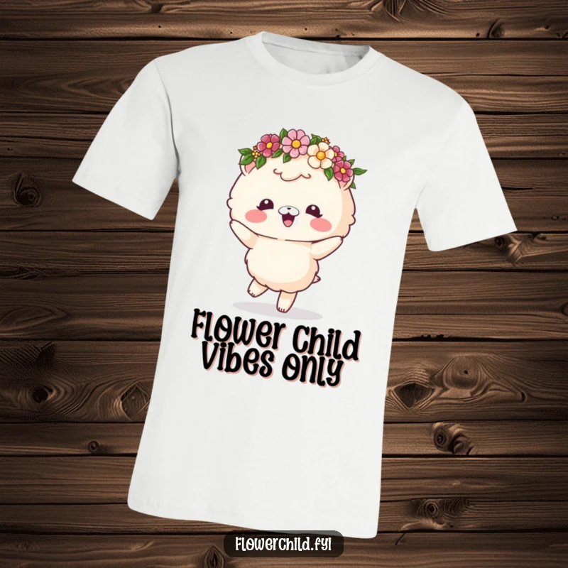 Funny t-shirt with a fluffy animal character wearing a flower crown and dancing ecstatically, spreading cheer.