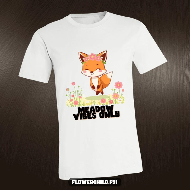 Funny Fox Flower Crown T-Shirt: A joyful fox adorned with a flower crown happily skips through a sunlit meadow, radiating pure delight.