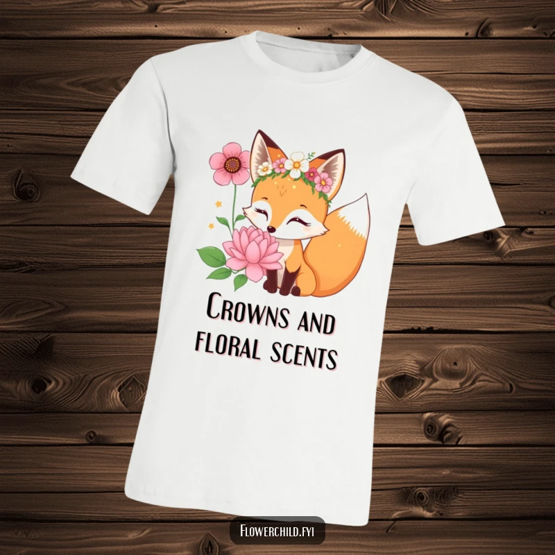 Funny curious fox character in a flower crown sniffing a giant bloom, a stylish tee for garden enthusiasts.