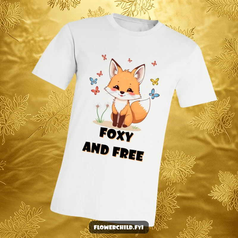 Funny fox meadow t-shirt, a playful fox with dandelions in its fur chasing butterflies.
