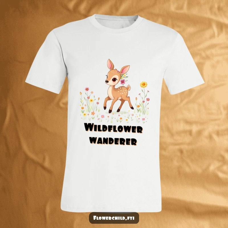 Funny Gentle Deer T-Shirt: A beautiful deer wearing wildflowers prances elegantly through a lush, green meadow. Calm and funny.