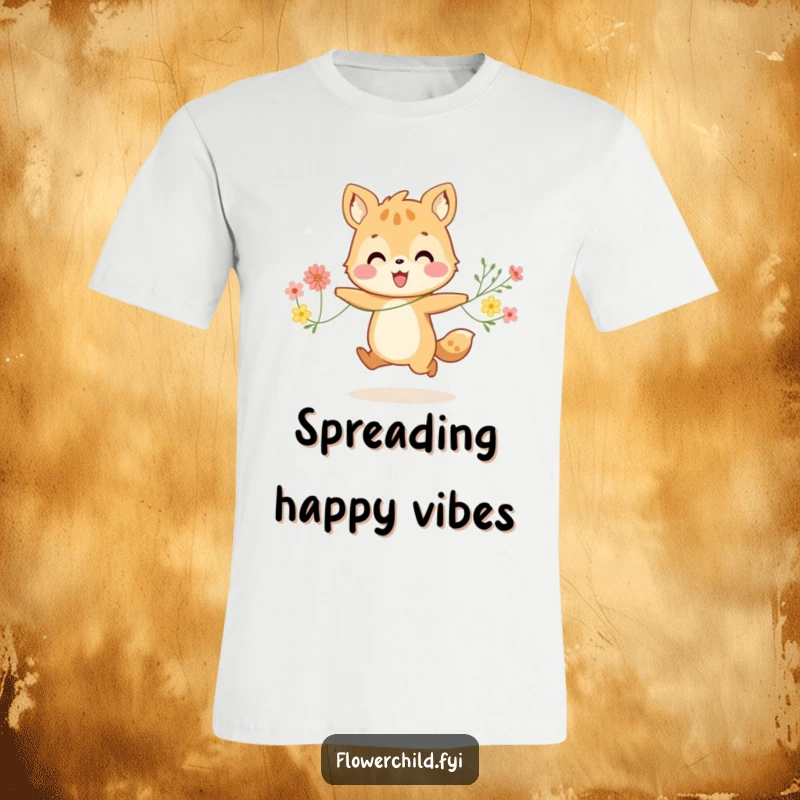 Funny t-shirt graphic of a happy animal character gleefully skipping, holding a vibrant string of flowers with pure delight.