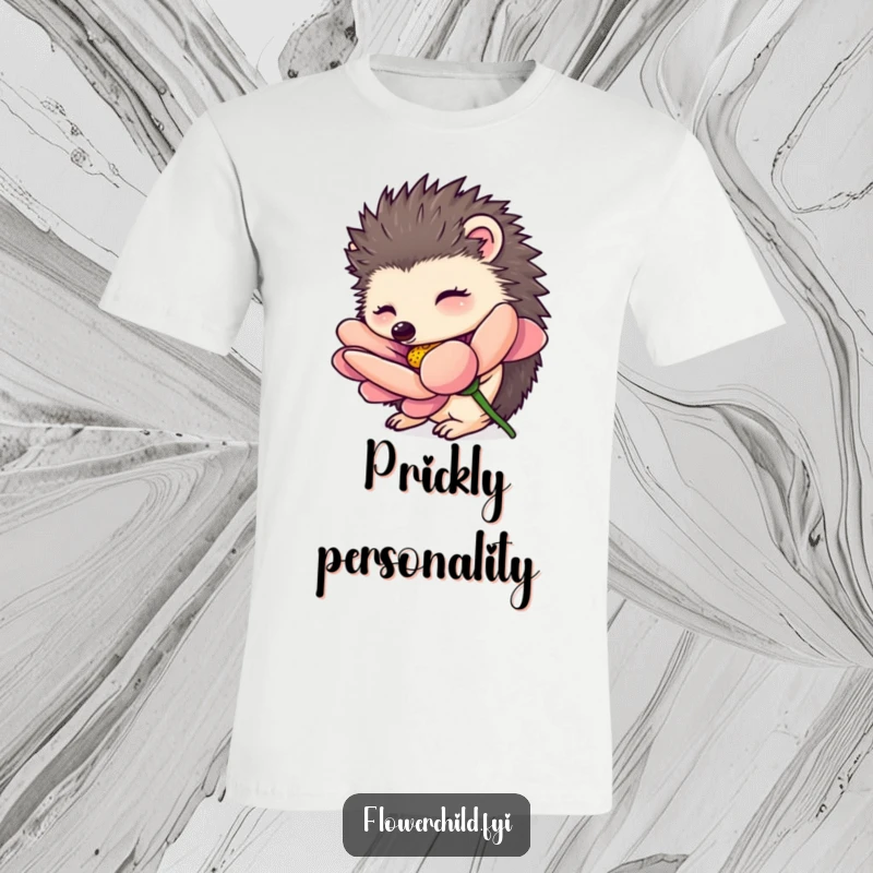 Funny hedgehog t-shirt, a curious hedgehog character sniffing a vibrant oversized flower, celebrating nature and exploration.
