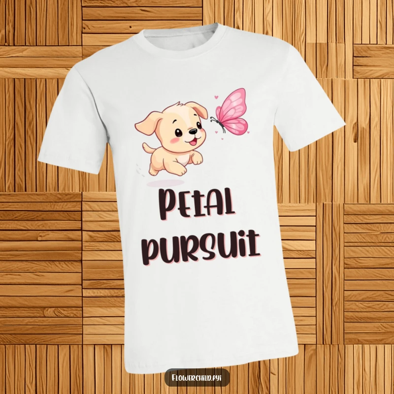 Funny Puppy Petal Butterfly T-Shirt: A playful puppy romps after a delicate butterfly crafted from flower petals, showcasing pure joy.