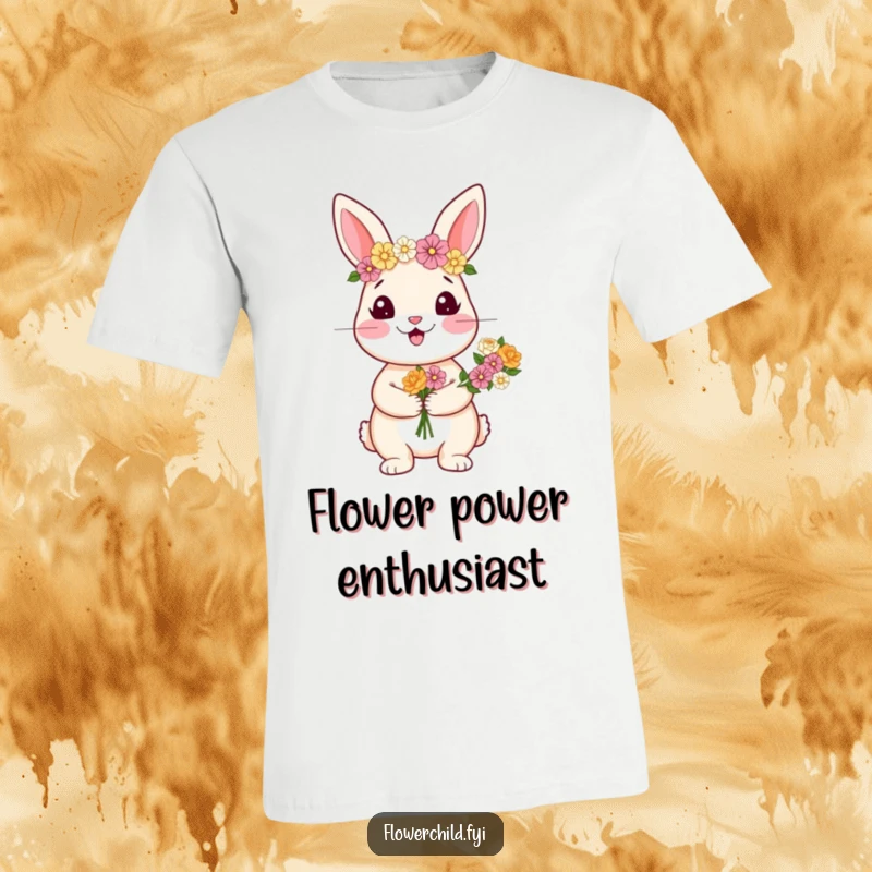 Funny t-shirt displaying a happy rabbit character adorned with a flower crown and holding a colorful bouquet.