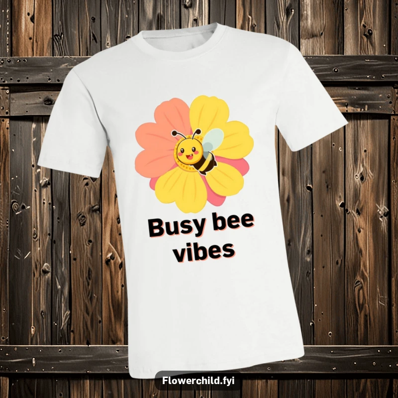 Funny smiling bee t-shirt, actively buzzing around a big, colorful flower, bringing a sense of garden delight and happiness.