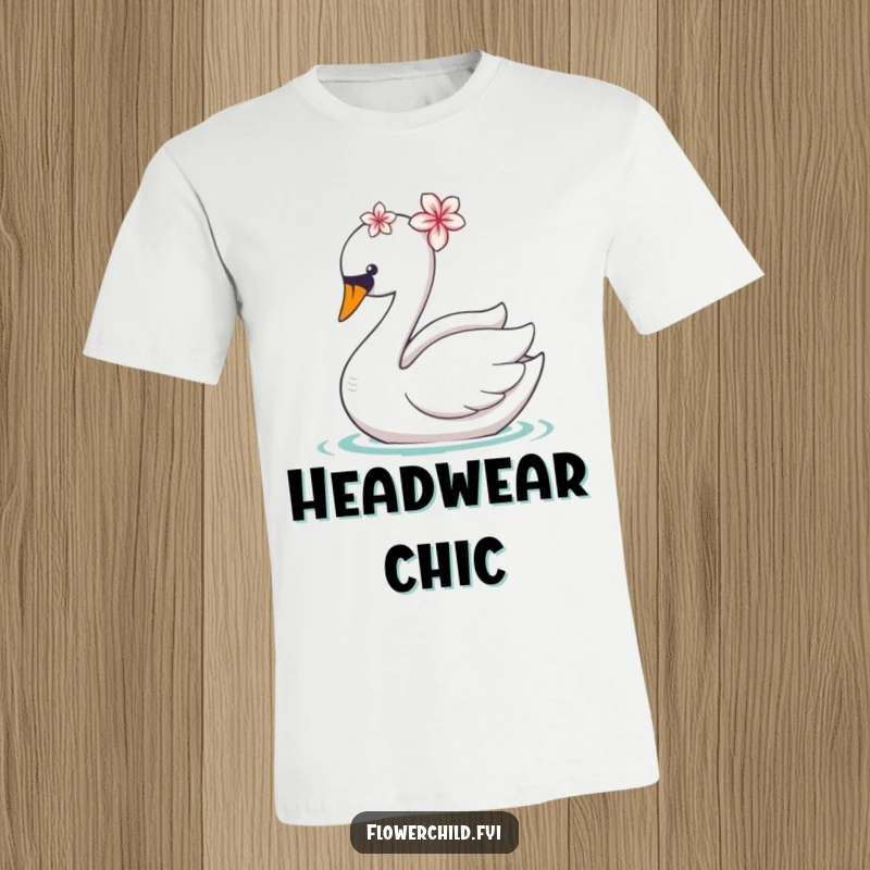 Funny t-shirt print of a serene swan wearing a flower on its head, captured mid-glide with charm.