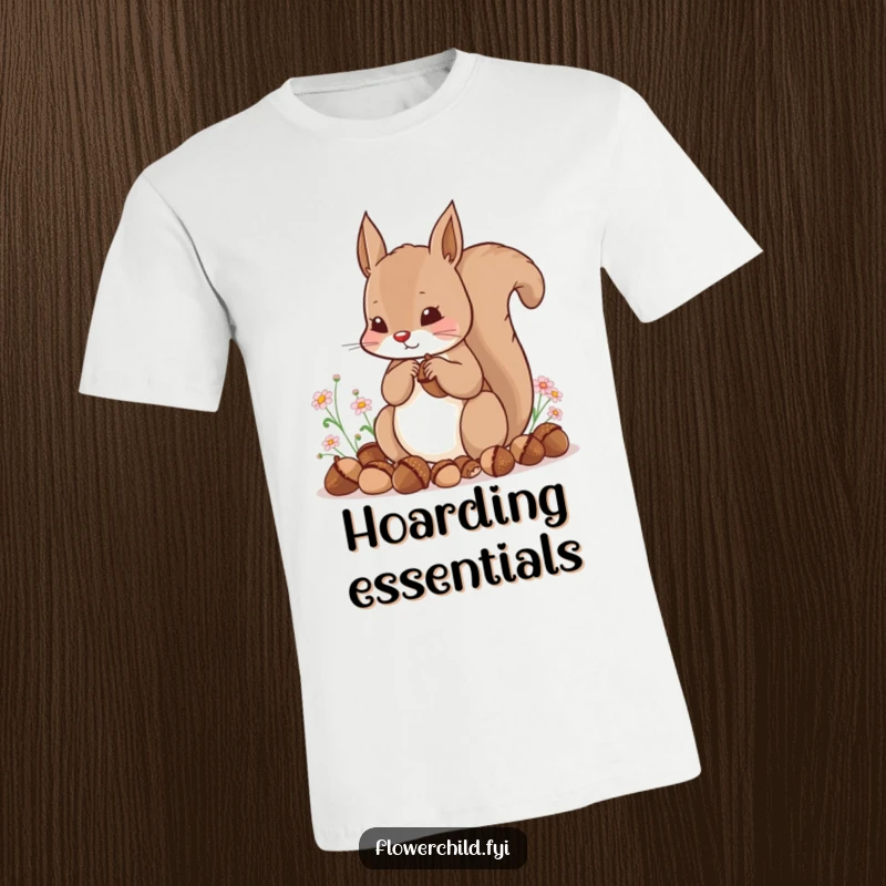 Funny t-shirt design of a content squirrel gathering acorns with small flowers, embodying preparedness.