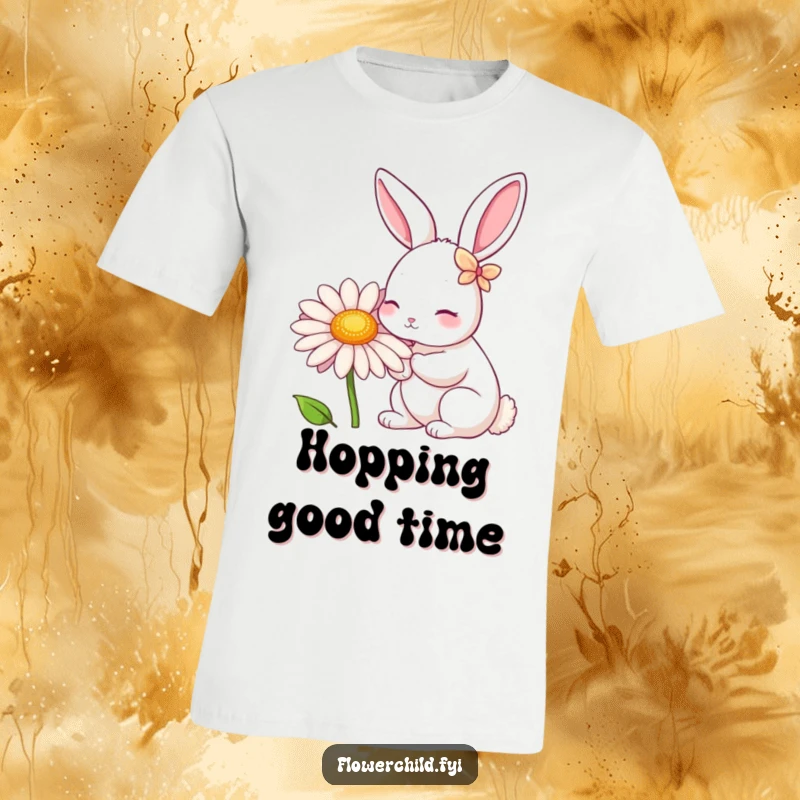 Funny Rabbit Daisy Nibbler T-Shirt: A delightful rabbit with petals adorning its ears is shown nibbling a large daisy flower.