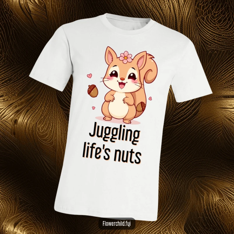 Funny Squirrel Petals T-Shirt: A happy squirrel with petals juggles acorns cheerfully, showcasing funny outdoor delight.