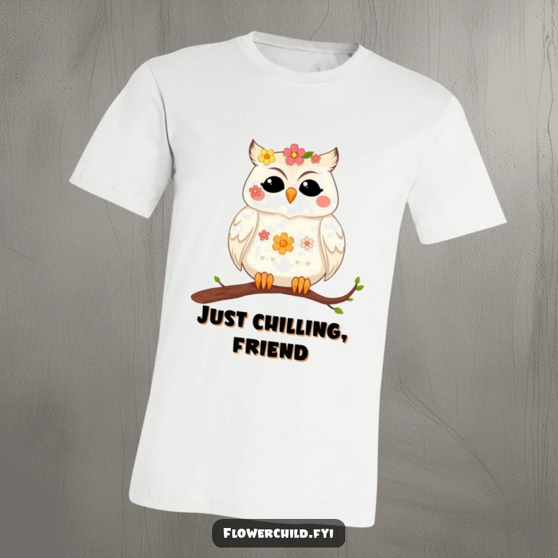 Funny t-shirt design of a peaceful owl with flowers in its feathers resting on a branch, conveying calm and beauty.