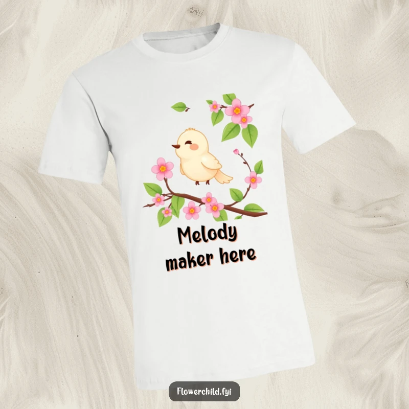 Funny t-shirt displaying a serene bird character perched on a blooming vine, singing with pure joy.