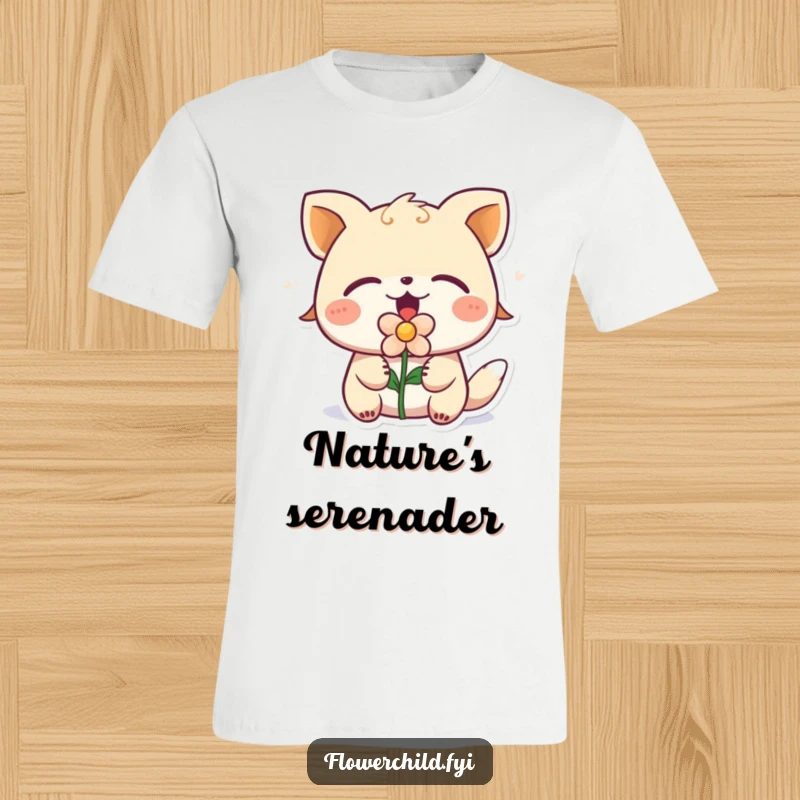 Funny animal character singing with a flower in its mouth, eyes closed, printed on a t-shirt, capturing musical joy.