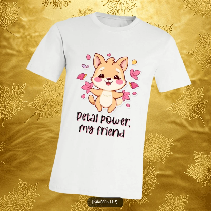 Funny t-shirt depicting a playful animal character happily juggling a colorful array of vibrant flower petals.
