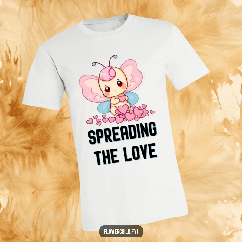 Funny t-shirt with a delightful butterfly gathering tiny heart-shaped petals, symbolizing love and sweetness.